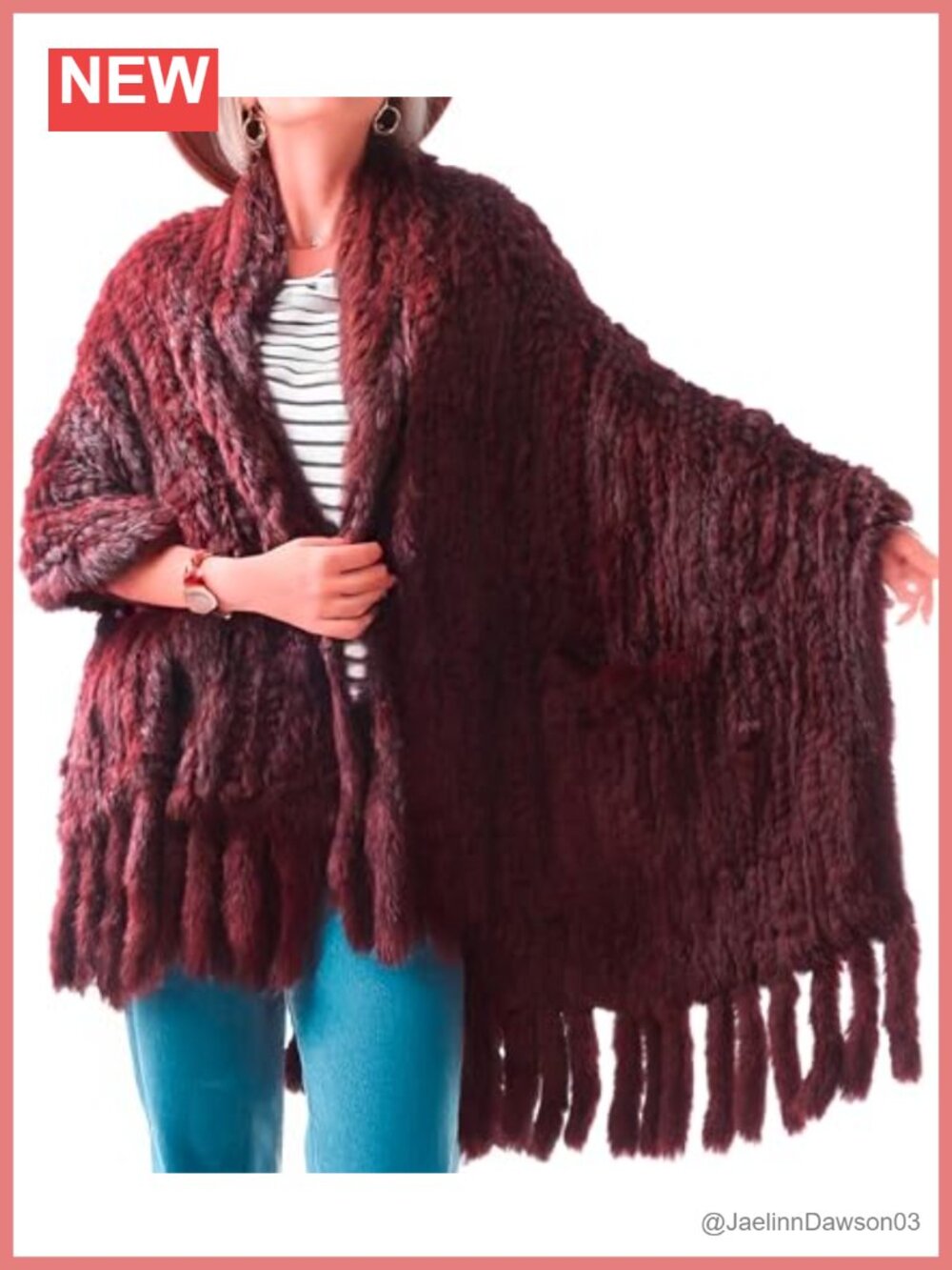 Genuine Rabbit Fur Shawl Wrap with Pockets Woven Fringe Poncho